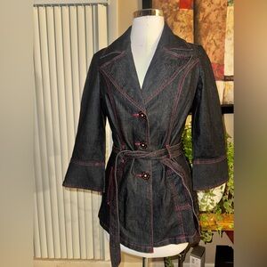 Y2K Bisou Bisou dark wash denim blazer jacket with bold red contrast